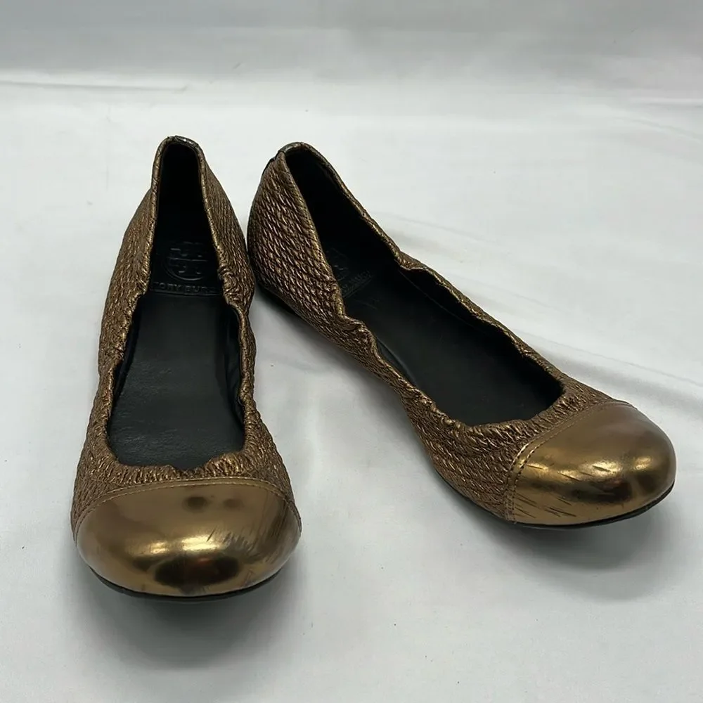 Metallic Gold Tory Burch Quilted Ballet Flats